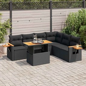 7 pcs conjunto sofás jardim c/ almofadões vime PE/acácia preto