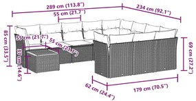 11 pcs conjunto sofás de jardim c/ almofadões vime PE cinzento