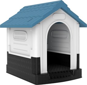 PawHut Casa para Cães Mini de Exterior em Plástico com 3 Janelas Base Elevada Telhado Inclinado 64,5x57x66 cm Azul | Aosom Portugal