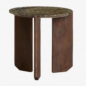 Mesa De Centro Redonda Em Pedra Natural E Madeira De Manga Lavinia Ø50 Cm & Madeira De Cabo Escuro & Mármore Verde Forest - Sklum