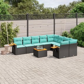 10 pcs conjunto de sofás p/ jardim c/ almofadões vime PE preto