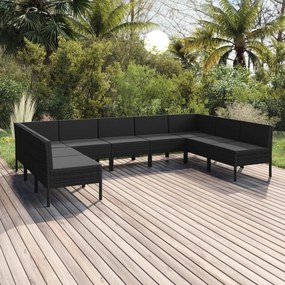 vidaXL 9 pcs conjunto lounge de jardim c/ almofadões vime PE preto
