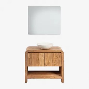 Conjunto De Móvel De Casa De Banho Em Madeira Vacry Castanho Acácia & Cimento Redondo Branco Ø40 Cm Zavion & Led Retangular E Anti-embaciamento 80x70