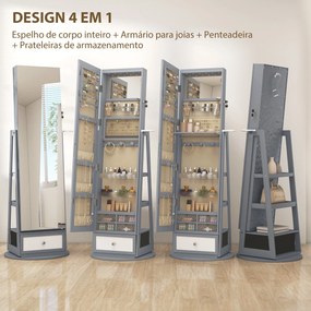 Espelho de Pé Giratório 360° com Espelho com Interior Iluminado Organizador de Jóias com Prateleiras e Gavetas 56x56x164