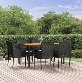 vidaXL 7 pcs conjunto de jantar p/ jardim c/ almofadões vime PE preto