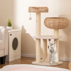 Arranhador para gatos com poleiros 45 x 45 x 104 cm, camas em forma de cesta, bola pendurada, corda e paus para arranhar  Branco