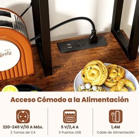 Estante de cozinha 99 × 40 × 170 cm com tomada elétrica com prateleiras abertas de madeira Ganchos e cesto Castanho rústico + preto