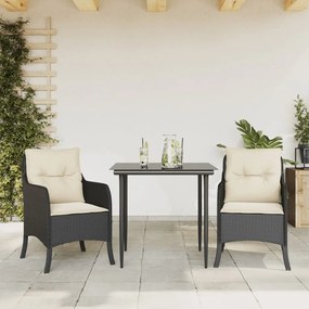 3 pcs conjunto de jantar p/ jardim c/ almofadões vime PE preto