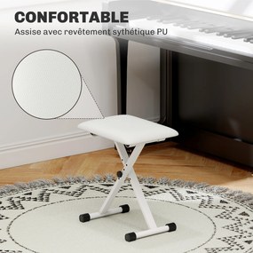 Banco de piano dobrável, banco de piano com altura ajustável, assento estofado em PU, 39 x 29 x 37-47 cm, branco