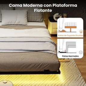 Estrutura de cama flutuante com luzes LED 200 x 140 x 24,5 cm de metal para colchão (COLCHÃO NÃO INCLUIDO) Base de ripas Somier preto