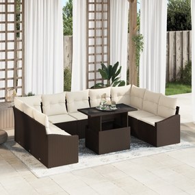 vidaXL Conjunto de Sofá de Jardim de 10 Peças com Almofadas Castanho em Polirattan