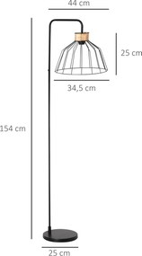 Candeeiro de pé de design elegante em metal com detalhes em rattan, ideal para casa, escritório, restaurante e café, 44 x 34 x 154 cm, preto