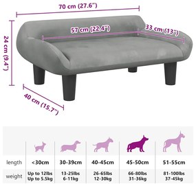 Cama para cães 70x40x24 cm veludo cinzento-claro