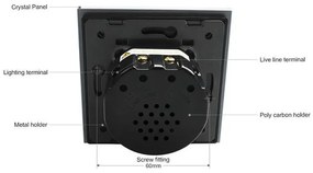 Interruptor de toque 2 módulos 3 botões + função controlo remoto, Painel cinzento vidro temperado