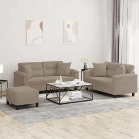 3 pcs conjunto sofás c/ almofadas microfibra cinza-acastanhado