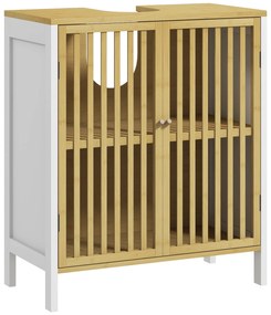 HOMCOM Móvel para Lavatório Pousar de Bambu para Casa de Banho com Porta Dupla e Prateleira Ajustável 60x30x70 cm Natural e Branco | Aosom Portugal