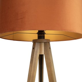 Candeeiro de pé de madeira com abajur laranja e interior dourado 50cm - Tripod Classic