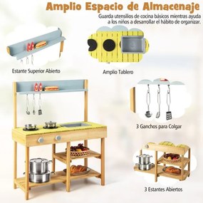 Fogão de barro de madeira, conjunto de cozinha exterior com 3 ganchos suspensos, 2 fogões, pia removível e prateleiras abertas cor natural