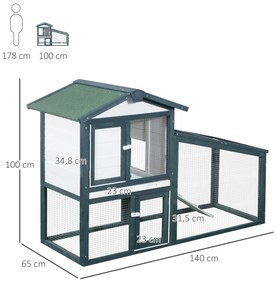 PawHut Gaiola de madeira para coelhos ao ar livre 2 níveis com bandeja removível e várias entradas telhado asfáltico Galinhas cobaias 140x65x100 cm Verde