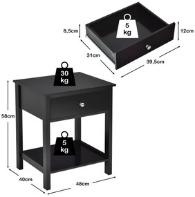 Mesa de Cabeceira "Lunel" - 48 x 40 x 58 cm - Preto | Com Gaveta e Pra