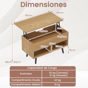 Mesa de centro elevável em madeira 80 x 40 x 44,5 cm com compartimento oculto e 2 prateleiras abertas para sala de estar, sala de recepção ou escritór