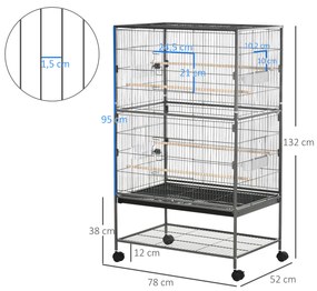 Gaiola para Pássaros com Rodas Bandeja Amovível 4 Portas 4 Comedouros e Prateleira de Armazenamento 78x52x132cm Cinza