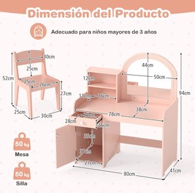 Conjunto de toucador e cadeira para crianças a partir dos 3 anos com prateleiras, gaveta, armário, luzes LED de 2 cores, espelho acrílico