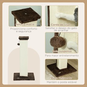 Poste Arranhador para Gatos Altura 81 cm Arranhador para Gatos com Poste de Sisal e Bola Suspensa 41x41x81 cm castanho