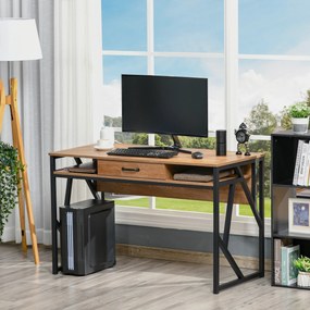 Secretária de estilo industrial, 120  x 60  x 76 cm, com gaveta + 2 nichos, base em metal preto, tampo com acabamento em madeira cor de nogueira