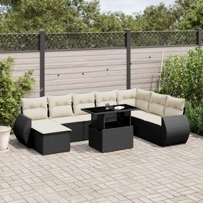 9 pcs conjunto de sofás p/ jardim c/ almofadões vime PE preto