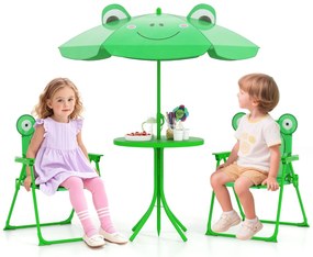 Conjunto de piquenique para Crianças 3-6 anos Mesa de atividades ao ar livre com 2 cadeiras dobráveis e guarda-sol ajustável em altura Verde