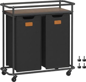Cesto da roupa suja com 2 compartimentos, rodas e prateleira, 100 L, preto-castanho