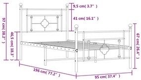 Estrutura de cama com cabeceira e pés 90x190 cm metal branco