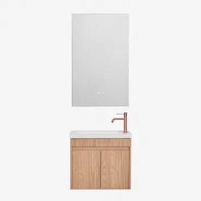 Conjunto De Móvel De Casa De Banho Suspenso Em Madeira Com Lavatório Integrado Narek Castanho Fresno & Retangular Led E Anti-embaciamento 55x90 Cm Rib