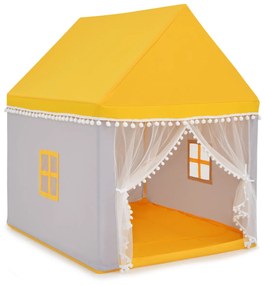 Casa em formato de barraca para crianças com estrutura em madeira maciça e manta de algodão 120 x 105 x 140 cm amarela