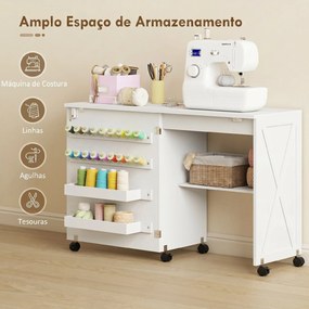 Mesa para Máquina de Costura Dobrável com Porta Magnética, 2 Compartimentos, Prateleira, 18 Suportes para Linhas, 5 Rodas, Branco