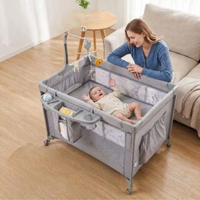 Berço Portátil Multifuncional, 110 x 76 x 77 cm, Dobrável com Muda-fraldas, Cinzento-claro