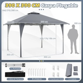 Tenda Pop Up 390 x 390 cm, com bolsa de transporte portátil, 8 estacas, 4 cordas de vento para pátio, jardim, acampamento cinza