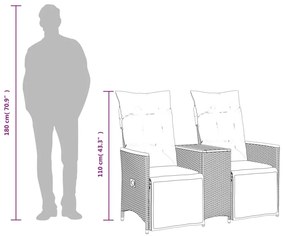Sofá de jardim reclinável 2 lugares com mesa vime PE cinzento