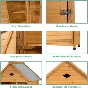 Abrigo de madeira com 5 prateleiras e 2 portas com fechadura e teto impermeável para jardim ou varanda 70 x 45 x 160 cm cor natural