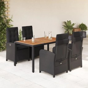 5 pcs conjunto de jantar p/ jardim c/ almofadões vime PE preto