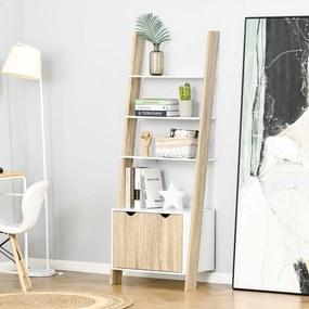 HOMCOM Estante em Forma de Escada de Madeira com 3 Prateleiras e 1 Armário Estante de Estilo Nórdico Moderno 60x40x171cm Carvalho e Branco