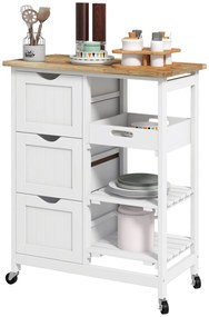 Carrinho de Cozinha com Rodas Carrinho de Serviço com 3 Gavetas 2 Prateleiras Abertas e Bandeja 67x37x85,5 cm Branco