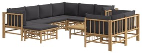 10 pcs conj. lounge de jardim bambu c/ almofadões cinza-escuros