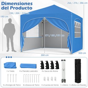 Tenda Jardim, festas, eventos de 3 x 3 m com 4 x sacos de areia e 4 paredes laterais removíveis Inclui bolsa de transporte com rodas 8 estacas Azuis