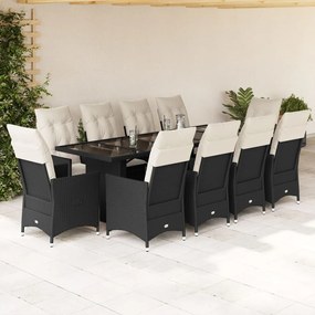 vidaXL 11 pcs conjunto de bistrô p/ jardim c/ almofadões vime PE preto