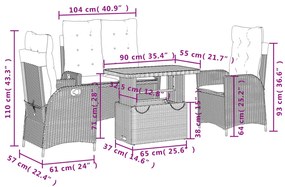 4 pcs conjunto de jantar p/ jardim c/ almofadões vime PE cinza