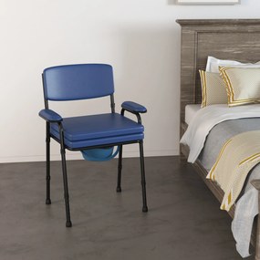 Cadeira sanitária multifunções com balde removível, altura ajustável, encosto, assento e braços almofadados, azul