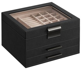 Caixa de joias SONGMICS com tampa de vidro, organizador de joias de 3 camadas com 2 gavetas, armazenamento de joias, amplo espaço de armazenamento, estilo moderno, presente para entes queridos, preto grafite e prata JBC239BK