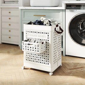 Cesto de roupa de 75L com rodas, coletor de roupa que economiza espaço, recipiente de armazenamento branco